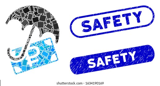 Mosaic rouble financial safety and grunge stamp seals with Safety caption. Mosaic vector rouble financial safety is designed with scattered rectangles. Safety stamp seals use blue color,