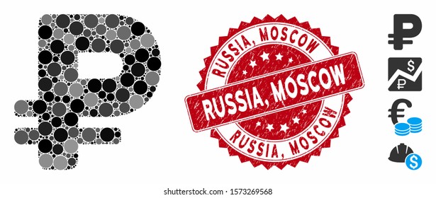 Mosaic rouble icon and corroded stamp seal with Russia, Moscow text. Mosaic vector is created with rouble icon and with randomized circle items. Russia, Moscow stamp uses red color,