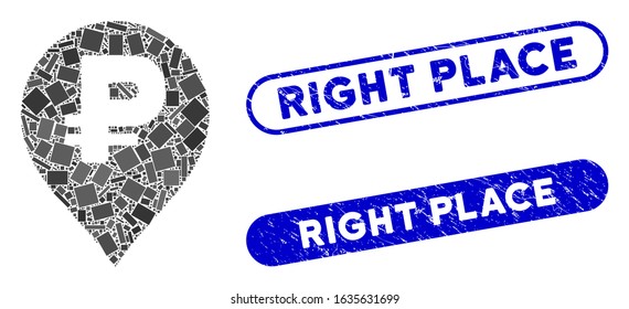 Mosaic rouble map marker and distressed stamp seals with Right Place phrase. Mosaic vector rouble map marker is designed with randomized rectangle items. Right Place stamps use blue color,