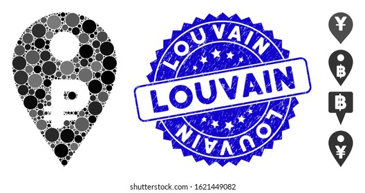 Mosaic rouble map marker icon and grunge stamp watermark with Louvain caption. Mosaic vector is designed with rouble map marker icon and with scattered spheric spots.