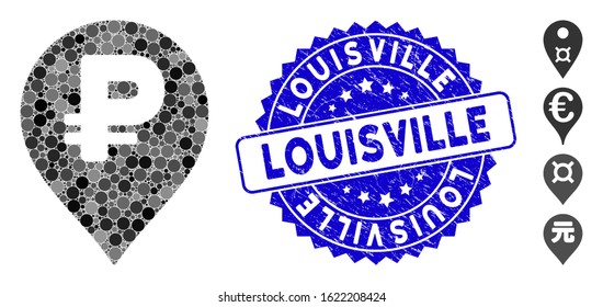 Mosaic rouble map marker icon and grunge stamp seal with Louisville text. Mosaic vector is designed with rouble map marker icon and with random round elements. Louisville seal uses blue color,