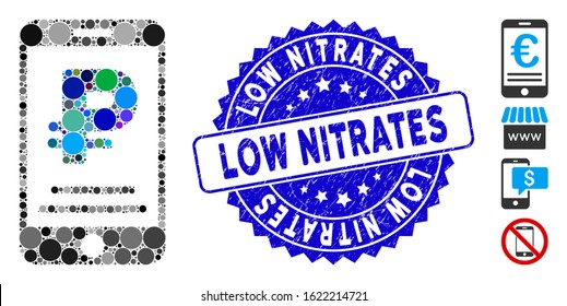 Mosaic rouble mobile payment icon and rubber stamp watermark with Low Nitrates phrase. Mosaic vector is created with rouble mobile payment icon and with random circle elements.