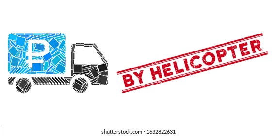 Mosaic rouble shipment pictogram and red By Helicopter seal between double parallel lines. Flat vector rouble shipment mosaic pictogram of randomized rotated rectangle elements.