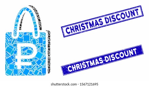 Mosaic rouble shopping pictogram and rectangle stamps. Flat vector rouble shopping mosaic pictogram of scattered rotated rectangle elements. Blue caption rubber stamps with corroded texture.