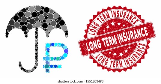 Mosaic rouble umbrella and grunge stamp seal with Long Term Insurance text. Mosaic vector is formed with rouble umbrella icon and with random round items.