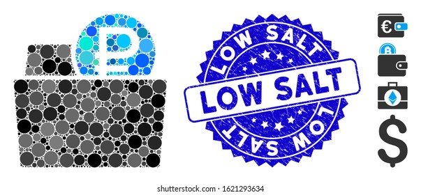 Mosaic rouble wallet icon and rubber stamp watermark with Low Salt phrase. Mosaic vector is designed with rouble wallet icon and with randomized circle elements. Low Salt stamp seal uses blue color,