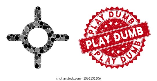 Mosaic roulette and corroded stamp seal with Play Dumb caption. Mosaic vector is designed with roulette icon and with randomized round items. Play Dumb stamp seal uses red color, and dirty texture.