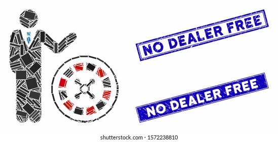 Mosaic roulette croupier pictogram and rectangle No Dealer Free stamps. Flat vector roulette croupier mosaic pictogram of scattered rotated rectangle elements.