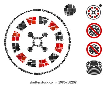 Mosaic Roulette icon constructed from square items in random sizes and color hues. Vector square items are arranged into abstract mosaic roulette icon. Bonus pictograms are placed.
