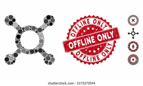 Mosaic roulette icon and distressed stamp seal with Offline Only caption. Mosaic vector is composed with roulette icon and with random round spots. Offline Only stamp uses red color,