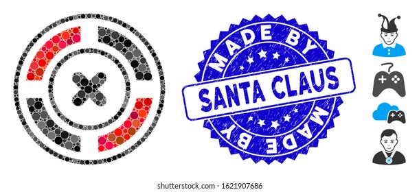 Mosaic roulette icon and grunge stamp watermark with Made by Santa Claus caption. Mosaic vector is designed with roulette icon and with randomized round elements.