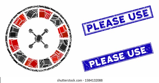 Mosaic roulette icon and rectangle Please Use watermarks. Flat vector roulette mosaic icon of scattered rotated rectangle elements. Blue Please Use rubber seals with scratched surface.