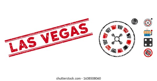 Mosaic roulette icon and red Las Vegas seal stamp between double parallel lines. Flat vector roulette mosaic icon of random rotated rectangle items. Red Las Vegas seal stamp with grunged texture.