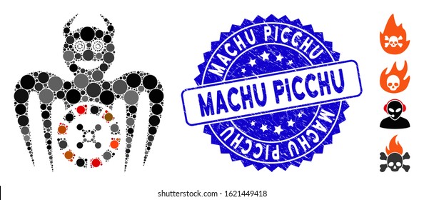 Mosaic roulette mad spectre devil icon and rubber stamp seal with Machu Picchu phrase. Mosaic vector is formed with roulette mad spectre devil icon and with randomized spheric elements.