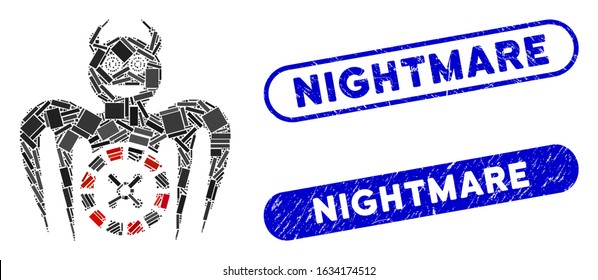 Mosaic roulette mad spectre devil and grunge stamp seals with Nightmare phrase. Mosaic vector roulette mad spectre devil is created with scattered rectangle items. Nightmare seals use blue color,