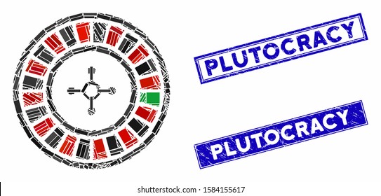 Mosaic roulette pictogram and rectangle Plutocracy rubber prints. Flat vector roulette mosaic pictogram of scattered rotated rectangle items. Blue Plutocracy rubber seals with dirty textures.