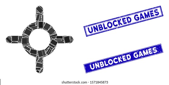 Mosaic roulette pictogram and rectangle Unblocked Games stamps. Flat vector roulette mosaic icon of scattered rotated rectangle elements. Blue Unblocked Games rubber stamps with distress surface.