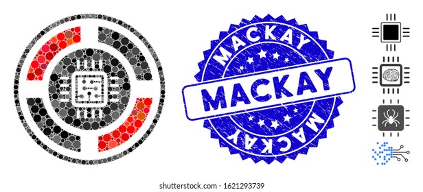 Mosaic roulette processor icon and grunge stamp seal with Mackay caption. Mosaic vector is composed from roulette processor icon and with random circle spots. Mackay stamp seal uses blue color,