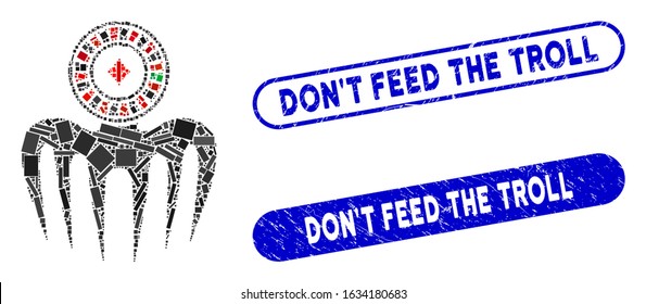 Mosaic roulette spectre monster and grunge stamp seals with Don'T Feed the Troll caption. Mosaic vector roulette spectre monster is formed with scattered rectangle items.