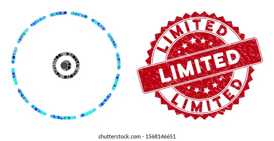 Mosaic round area and corroded stamp watermark with Limited text. Mosaic vector is composed with round area icon and with random circle elements. Limited stamp uses red color, and scratched surface.