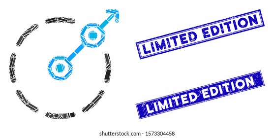 Mosaic round area exit icon and rectangular Limited Edition seals. Flat vector round area exit mosaic icon of scattered rotated rectangular items.