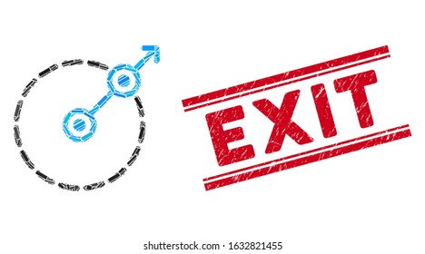 Mosaic round area exit icon and red Exit seal stamp between double parallel lines. Flat vector round area exit mosaic pictogram of randomized rotated rectangular elements.