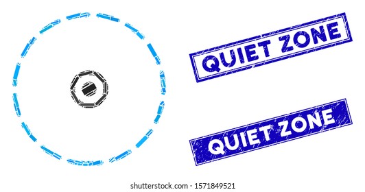 Mosaic round area icon and rectangle Quiet Zone stamps. Flat vector round area mosaic icon of randomized rotated rectangle elements. Blue Quiet Zone stamp imprints with grunge textures.