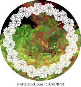 Mosaic round frame with abstract flowers silhouettes. Vector clip art