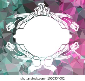 Mosaic round frame with decorative tulips. Design element for banners, labels, prints, posters, greeting cards, albums. Vector clip art.