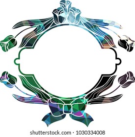 Mosaic round frame with decorative tulips. Design element for banners, labels, prints, posters, greeting cards, albums. Vector clip art.