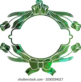 Mosaic round frame with decorative tulips. Design element for banners, labels, prints, posters, greeting cards, albums. Vector clip art.