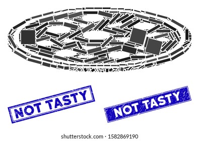 Mosaic round pizza pictogram and rectangle Not Tasty rubber prints. Flat vector round pizza mosaic pictogram of random rotated rectangle items. Blue Not Tasty rubber seals with grunge textures.