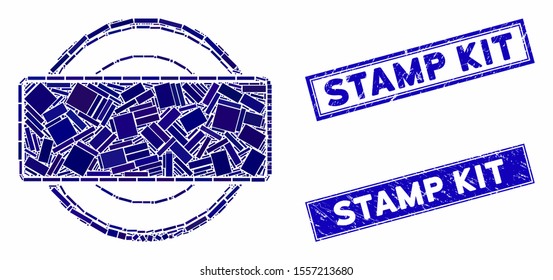 Mosaic round and rectangle frame pictogram and rectangular seals. Flat vector round and rectangle frame mosaic pictogram of random rotated rectangular elements.