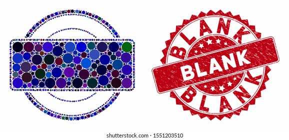 Mosaic round and rectangle frame and rubber stamp seal with Blank phrase. Mosaic vector is composed with round and rectangle frame icon and with scattered circle items. Blank seal uses red color,