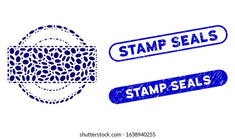 Mosaic round and rectangle frame and rubber stamp seals with Stamp Seals phrase. Mosaic vector round and rectangle frame is created with scattered elliptic parts.