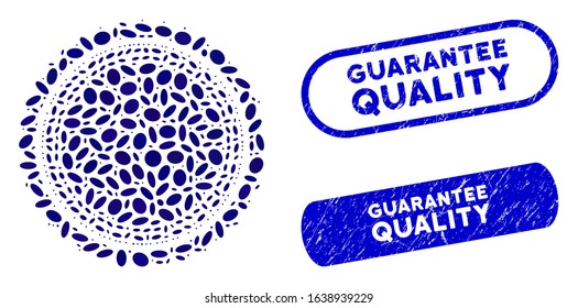 Mosaic round rosette seal and grunge stamp seals with Guarantee Quality caption. Mosaic vector round rosette seal is created with random ellipse parts. Guarantee Quality stamp seals use blue color,