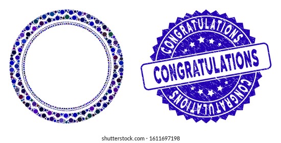Mosaic round rosette seal icon and rubber stamp seal with Congratulations text. Mosaic vector is designed with round rosette seal icon and with scattered circle elements.