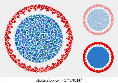 Mosaic Round seal stamp icon constructed from round and square elements in random sizes, positions and proportions.