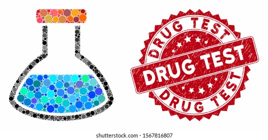 Mosaic rounded flask and grunge stamp seal with Drug Test phrase. Mosaic vector is designed from rounded flask icon and with scattered spheric spots. Drug Test stamp seal uses red color,