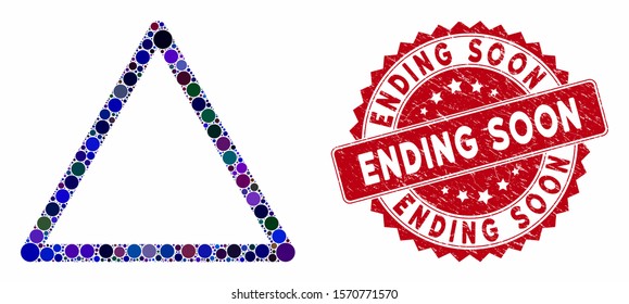 Mosaic rounded triangle frame and corroded stamp seal with Ending Soon phrase. Mosaic vector is created with rounded triangle frame icon and with randomized spheric items.