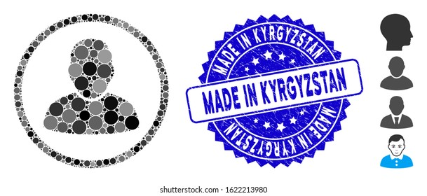 Mosaic rounded user icon and grunge stamp seal with Made in Kyrgyzstan caption. Mosaic vector is formed with rounded user icon and with random circle spots. Made in Kyrgyzstan stamp uses blue color,