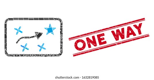 Mosaic route map pictogram and red One Way stamp between double parallel lines. Flat vector route map mosaic pictogram of randomized rotated rectangle elements.