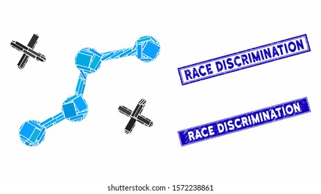 Mosaic route points pictogram and rectangle Race Discrimination seal stamps. Flat vector route points mosaic icon of scattered rotated rectangle elements.