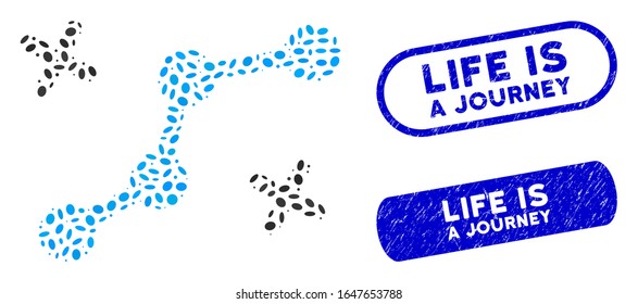 Puntos de ruta de mosaico y sellos de goma con la leyenda Life Is a Journey. Los puntos de ruta vectorial mosaico se componen de elementos elípticos dispersos. Life Is a Journey stamp sellos use color azul,