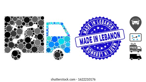 Mosaic route van icon and distressed stamp seal with Made in Lebanon phrase. Mosaic vector is designed with route van icon and with scattered circle items. Made in Lebanon stamp uses blue color,