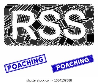 Mosaic rss pictogram and rectangular Poaching seal stamps. Flat vector rss mosaic pictogram of random rotated rectangle elements. Blue Poaching seal stamps with scratched texture.