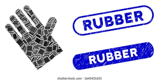 Mosaic rubber glove and rubber stamp seals with Rubber phrase. Mosaic vector rubber glove is formed with scattered rectangles. Stamp seals use blue color, and have round rectangle shape.