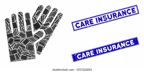 Mosaic rubber gloves pictogram and rectangular watermarks. Flat vector rubber gloves mosaic pictogram of scattered rotated rectangular items. Blue caption watermarks with distress textures.
