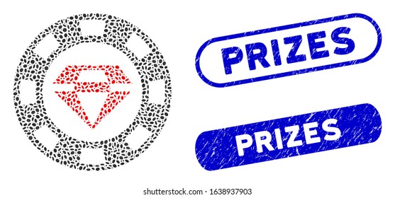 Mosaic ruby casino chip and distressed stamp seals with Prizes text. Mosaic vector ruby casino chip is formed with random elliptic pieces. Prizes stamp seals use blue color,