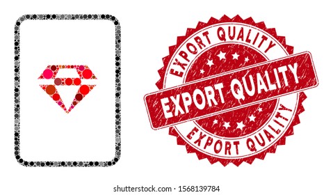 Mosaic ruby gambling card and rubber stamp seal with Export Quality text. Mosaic vector is formed with ruby gambling card icon and with scattered round items. Export Quality seal uses red color,